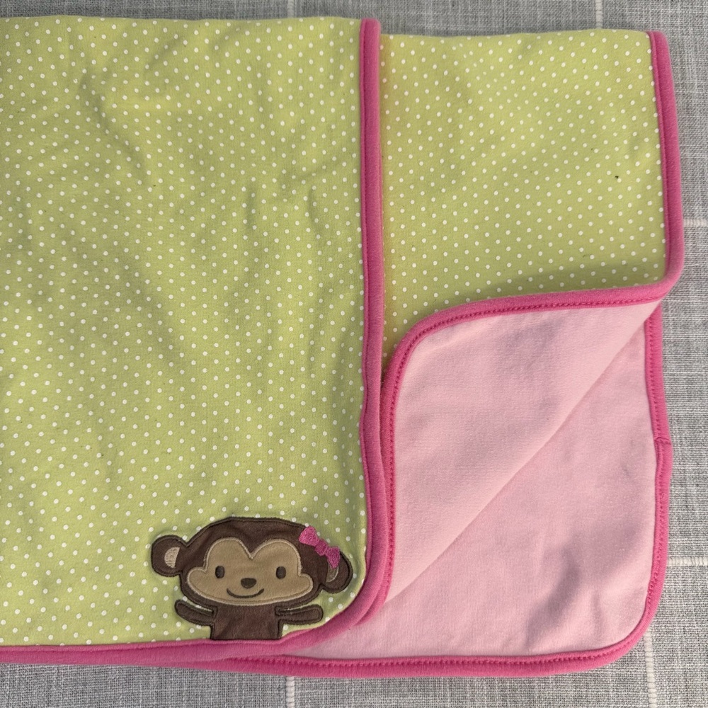 Carter's Child of Mine Baby‎ Blanket Monkey Applique Green Pink Polka Dots